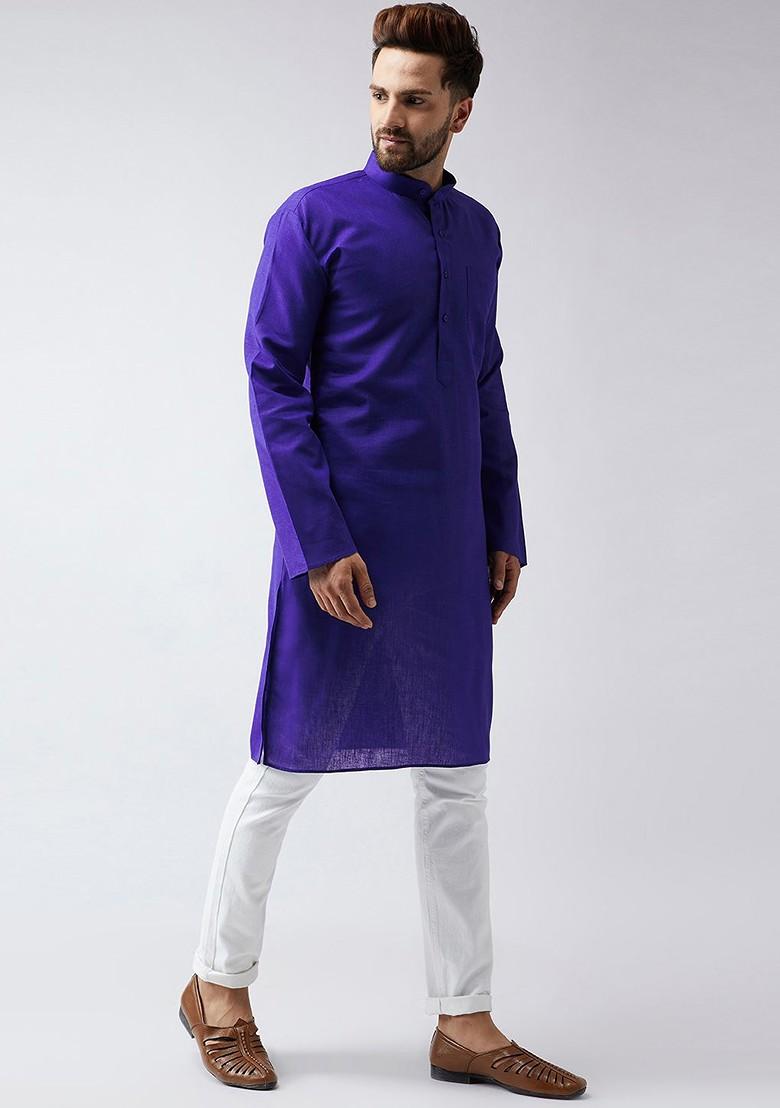 Blue Solid Poly Blend Kurta For Men