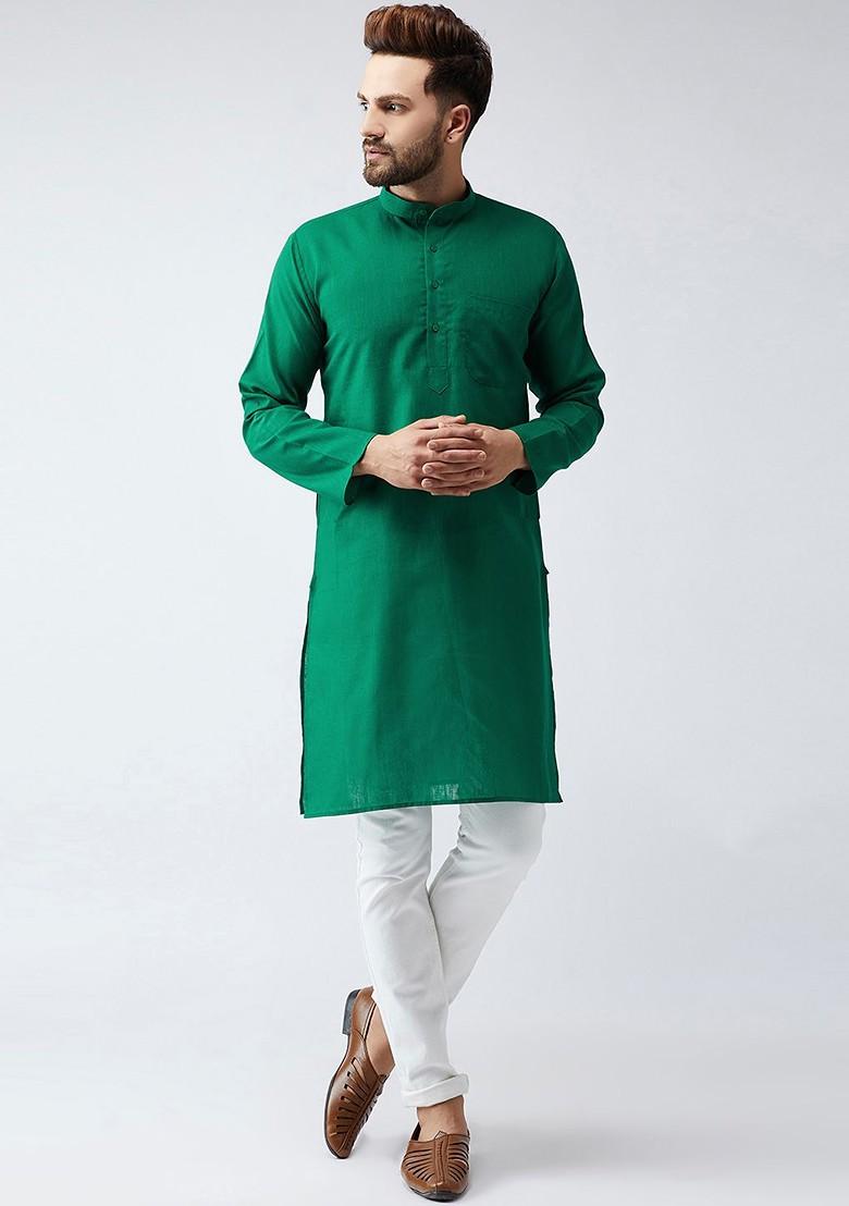 Green Solid Poly Blend Kurta For Men
