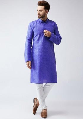 Blue Woven Poly Blend Kurta For Men