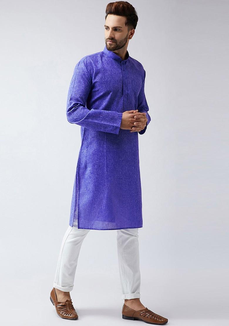 Blue Woven Poly Blend Kurta For Men