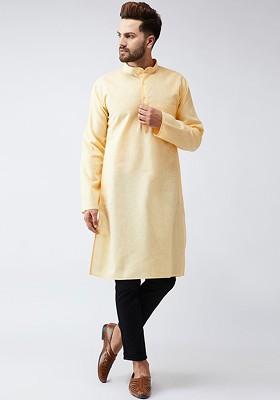 Yellow Solid Poly Blend Kurta For Men