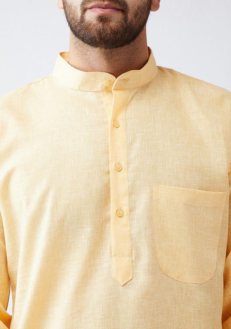 Yellow Solid Poly Blend Kurta For Men