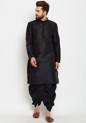 Black Solid Poly Blend Kurta For Men