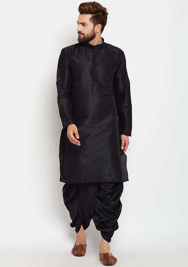 Black Solid Poly Blend Kurta For Men - Indya