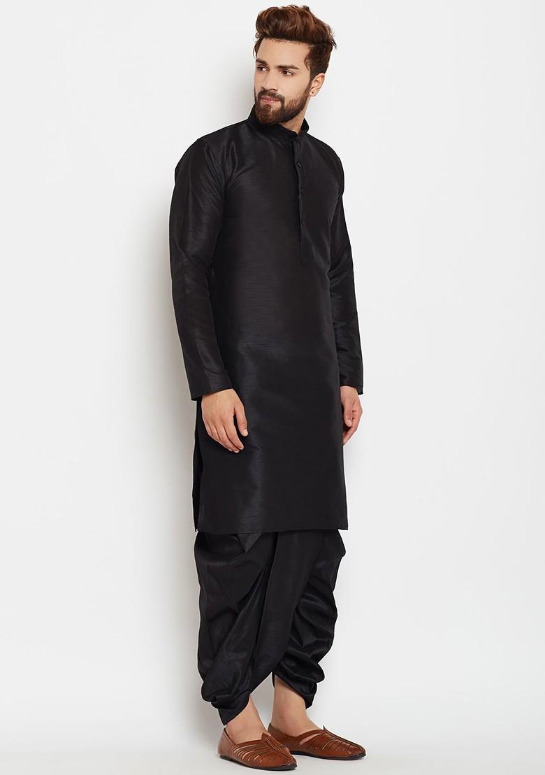 Black Solid Poly Blend Kurta For Men