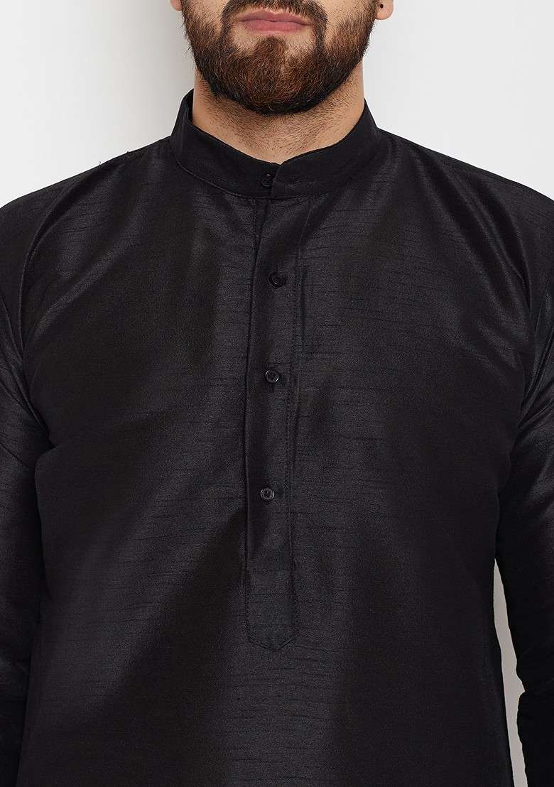 Black Solid Poly Blend Kurta For Men - Indya