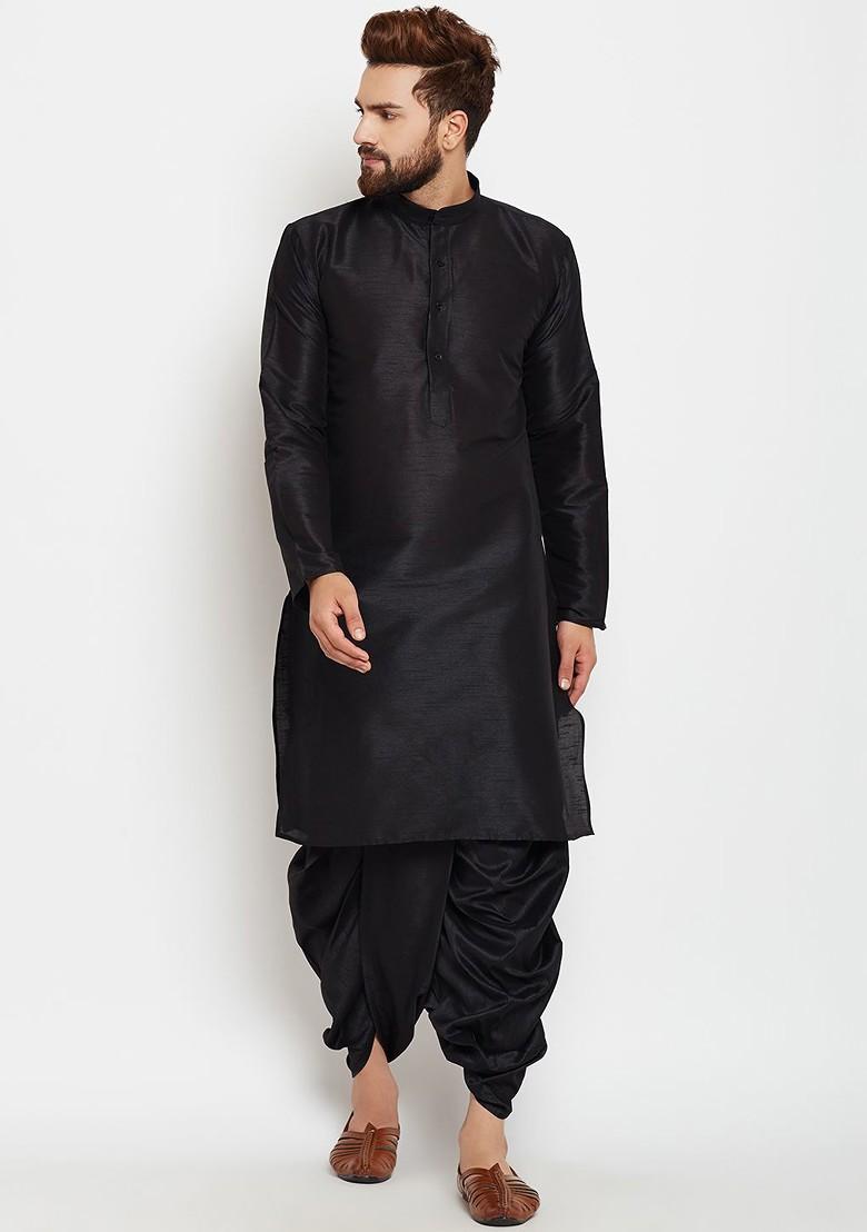 Black Solid Poly Blend Kurta For Men