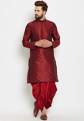 Maroon Solid Poly Blend Kurta For Men