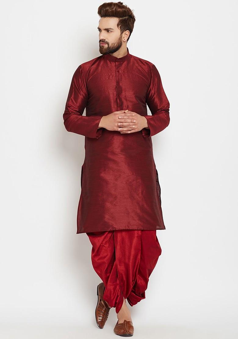 Maroon Solid Poly Blend Kurta For Men