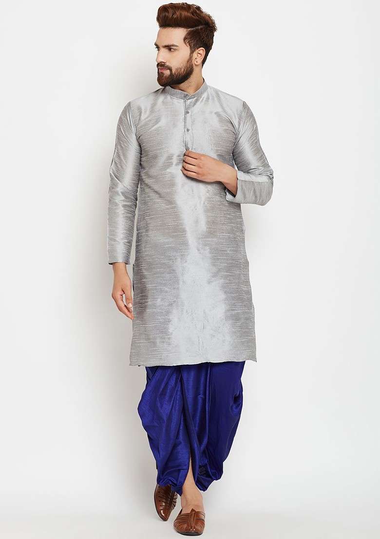 Grey Solid Poly Blend Kurta For Men - Indya