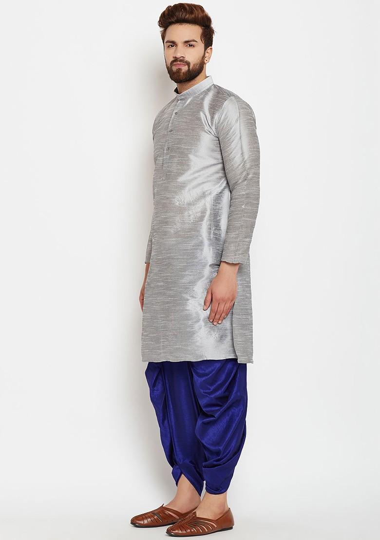 Grey Solid Poly Blend Kurta For Men