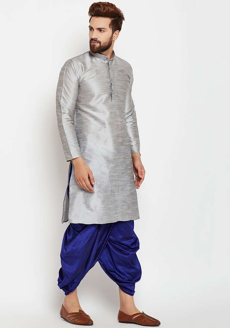 Grey Solid Poly Blend Kurta For Men - Indya