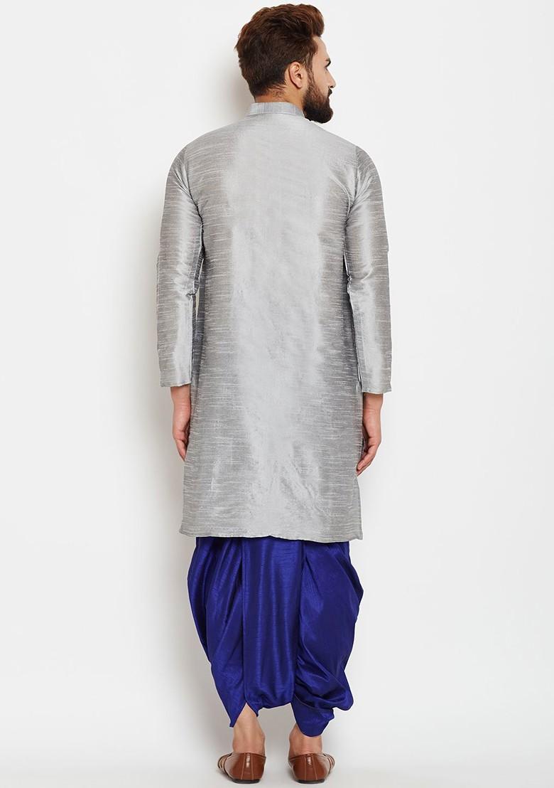 Grey Solid Poly Blend Kurta For Men