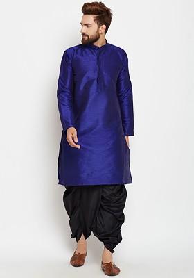 Blue Solid Poly Blend Kurta For Men