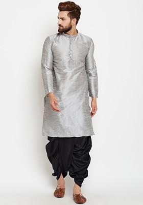 Grey Solid Poly Blend Kurta For Men