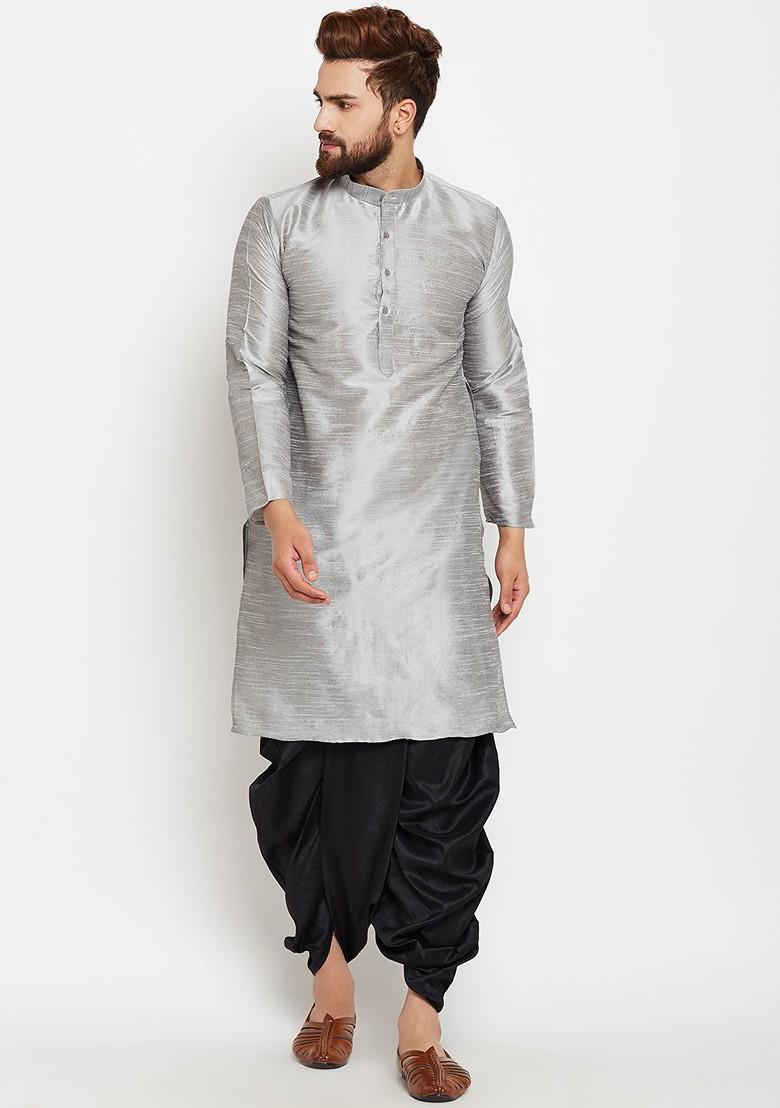 Grey Solid Poly Blend Kurta For Men