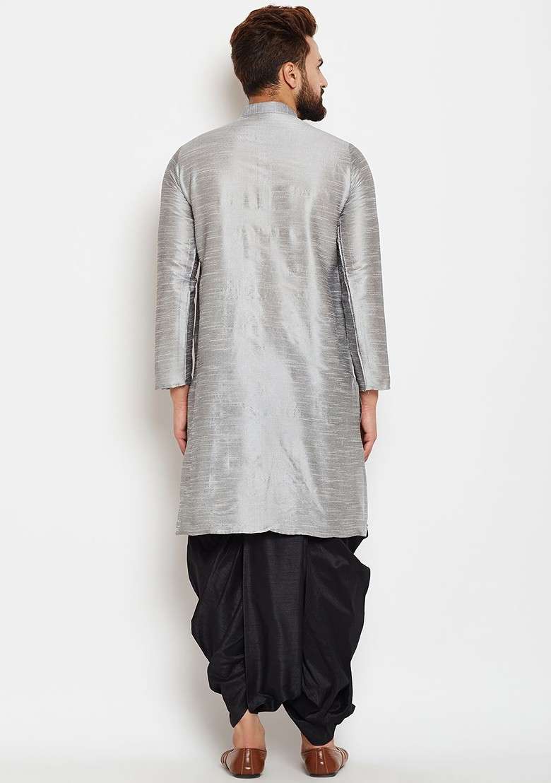 Grey Solid Poly Blend Kurta For Men - Indya
