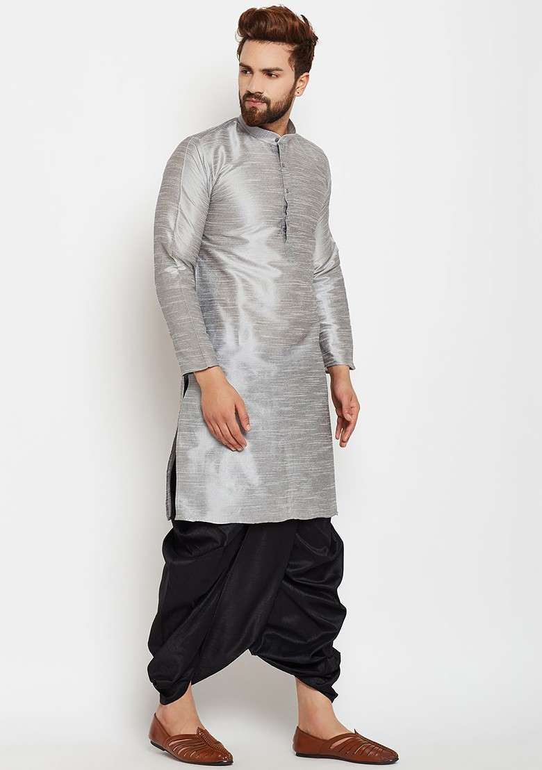 Grey Solid Poly Blend Kurta For Men - Indya