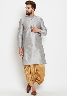 Grey Solid Poly Blend Kurta For Men