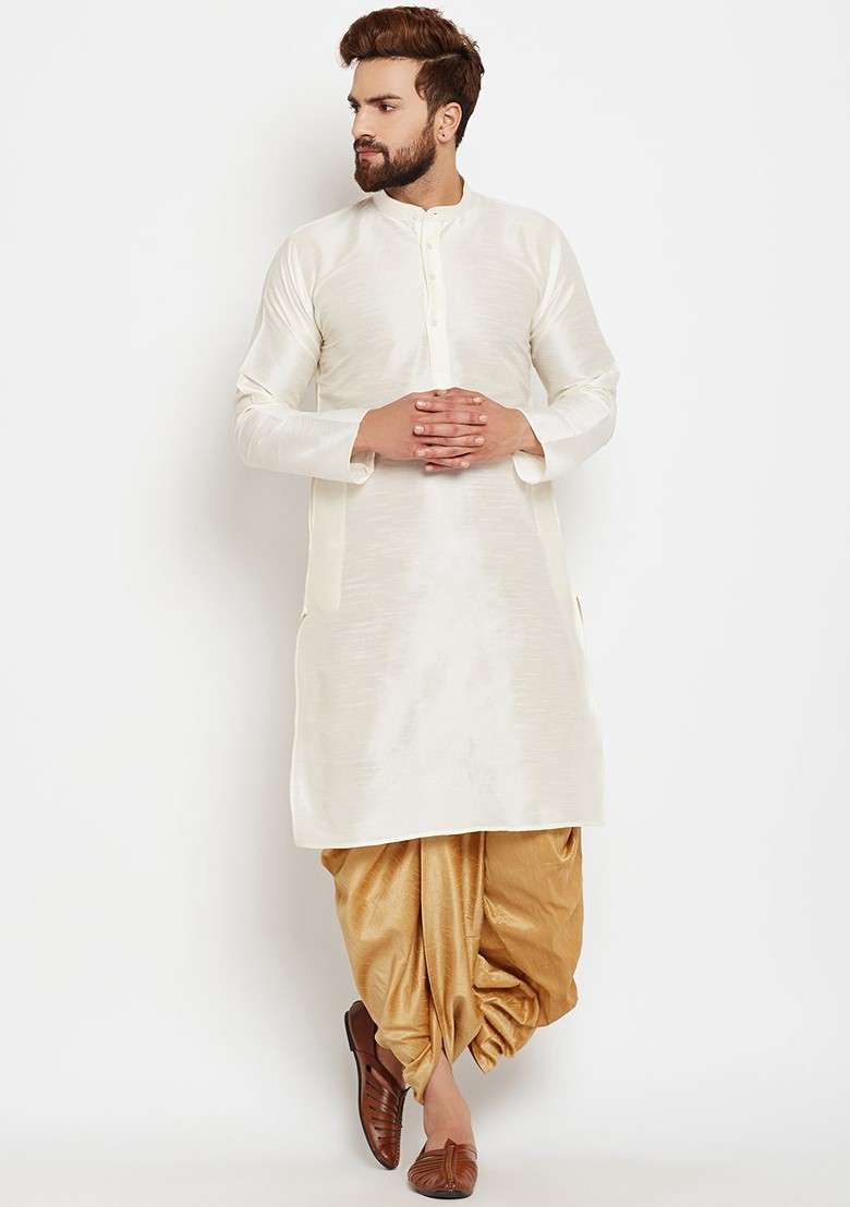 Off White Solid Poly Blend Kurta For Men - Indya