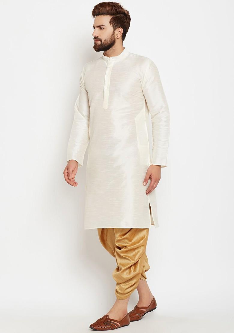 Off White Solid Poly Blend Kurta For Men