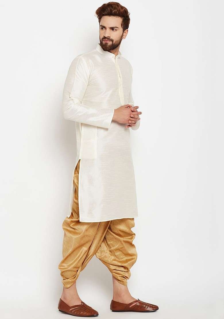 Off White Solid Poly Blend Kurta For Men - Indya