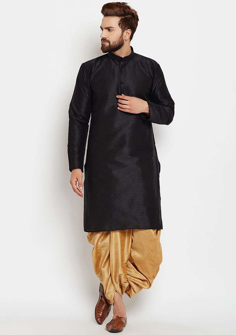 Black Solid Poly Blend Kurta For Men - Indya