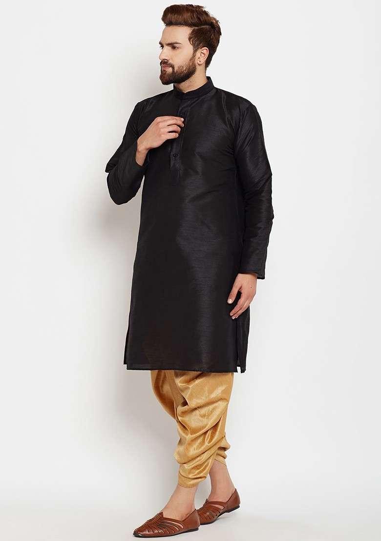 Black Solid Poly Blend Kurta For Men - Indya