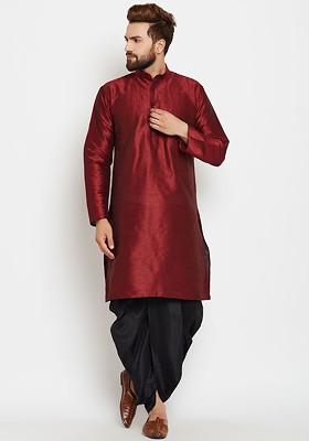 Maroon Solid Poly Blend Kurta For Men