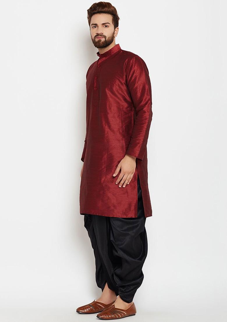 Maroon Solid Poly Blend Kurta For Men
