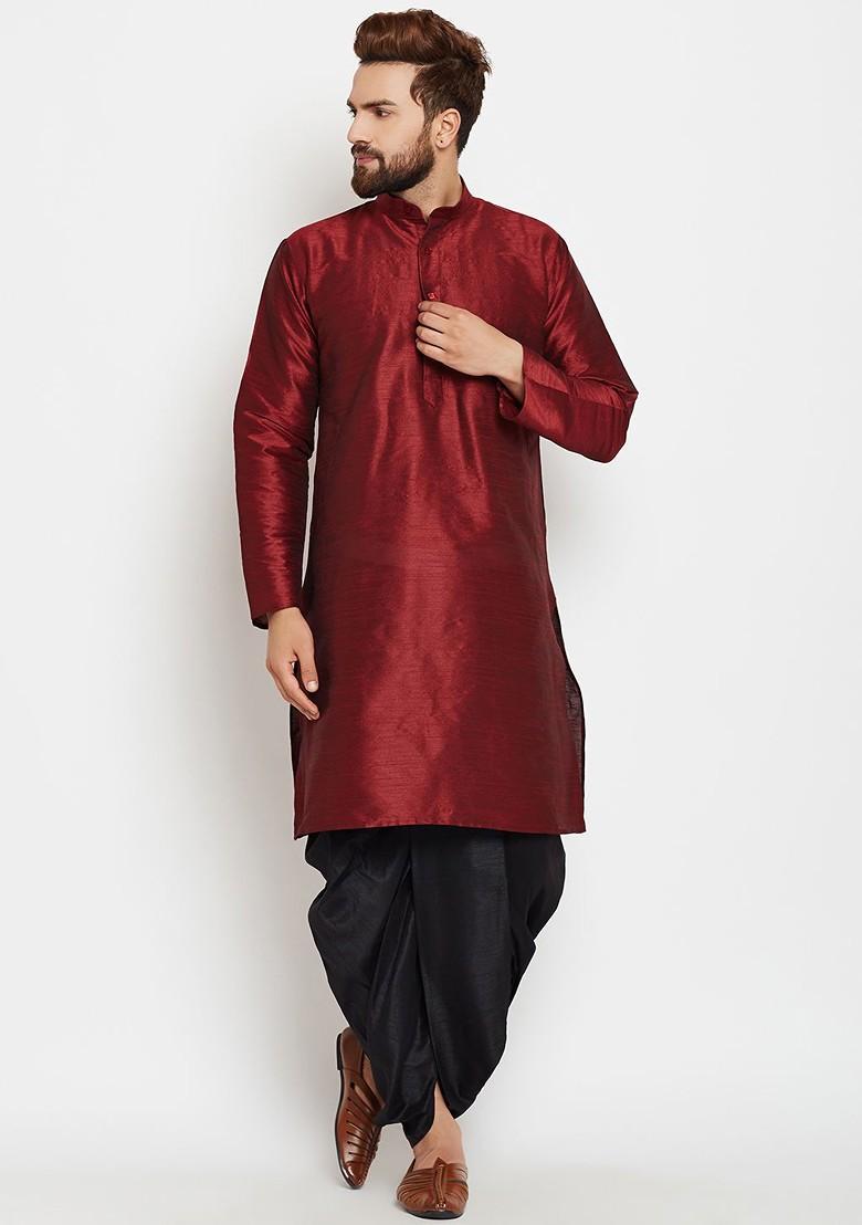 Maroon Solid Poly Blend Kurta For Men
