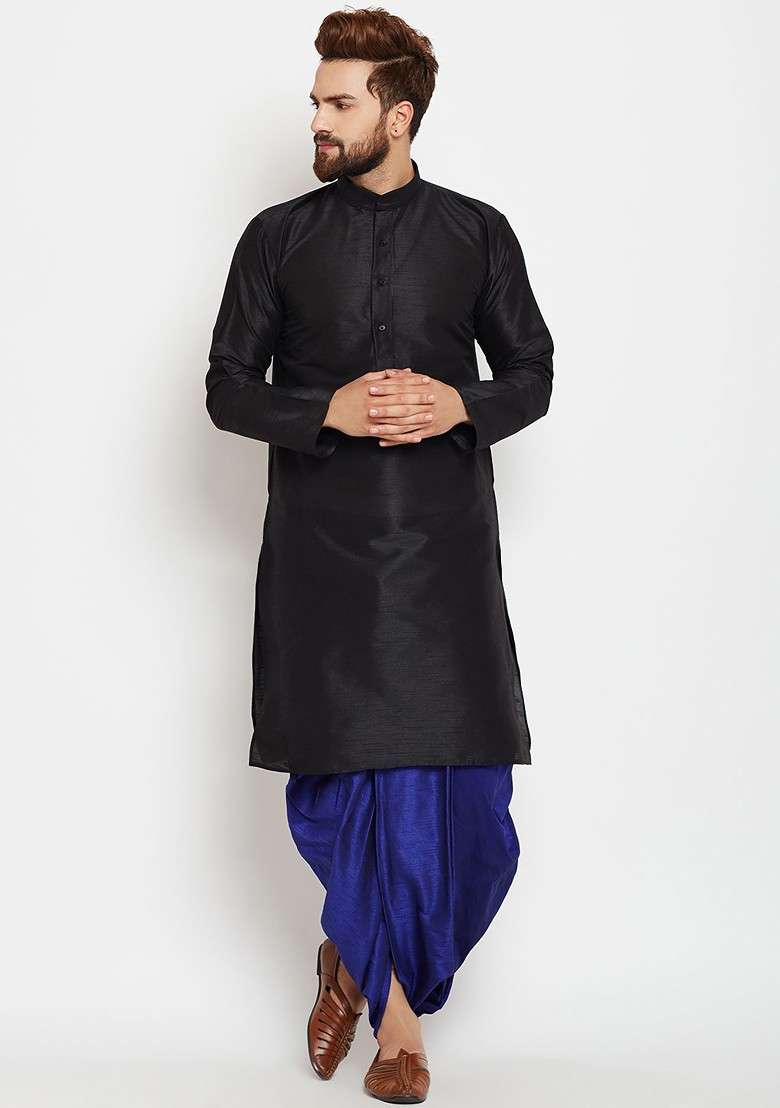 Black Solid Poly Blend Kurta For Men - Indya