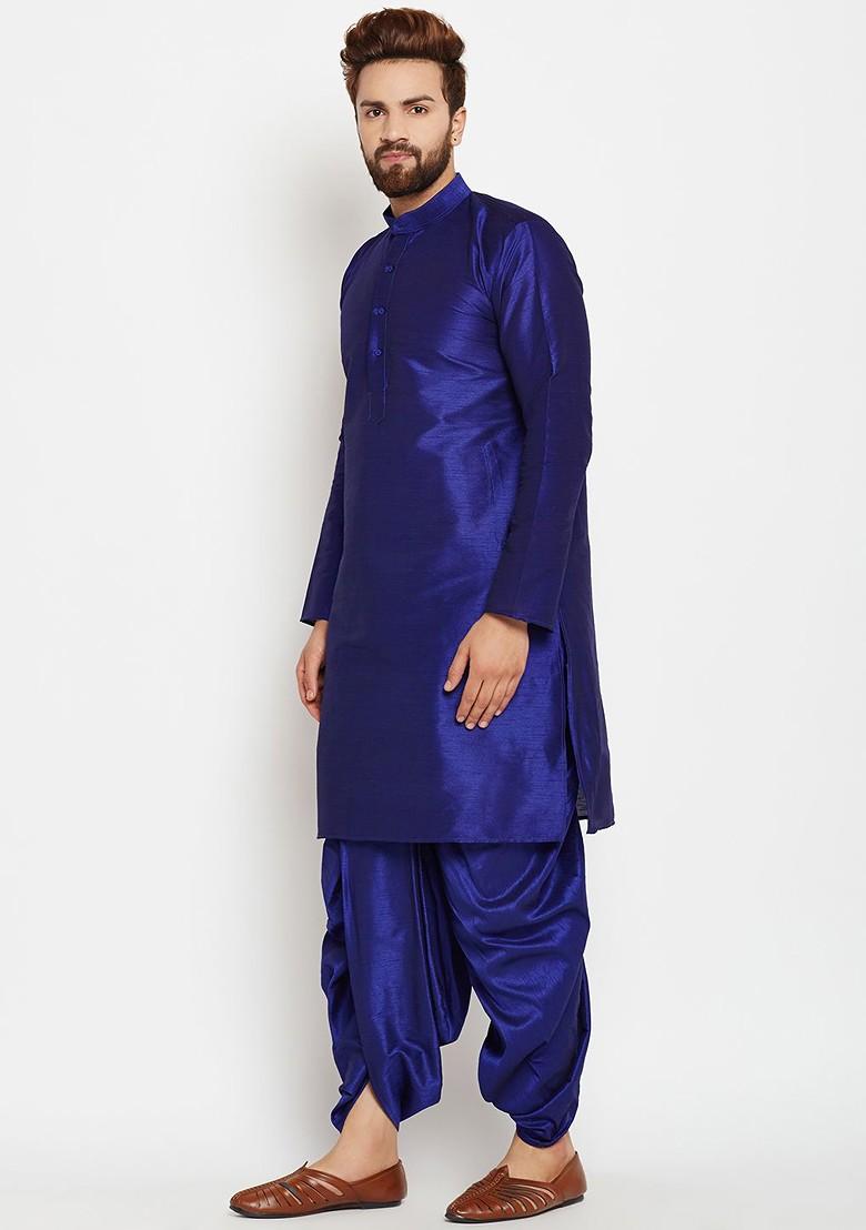 Blue Solid Poly Blend Kurta For Men