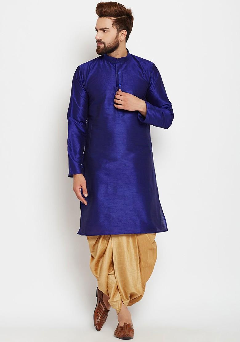 Blue Solid Poly Blend Kurta For Men