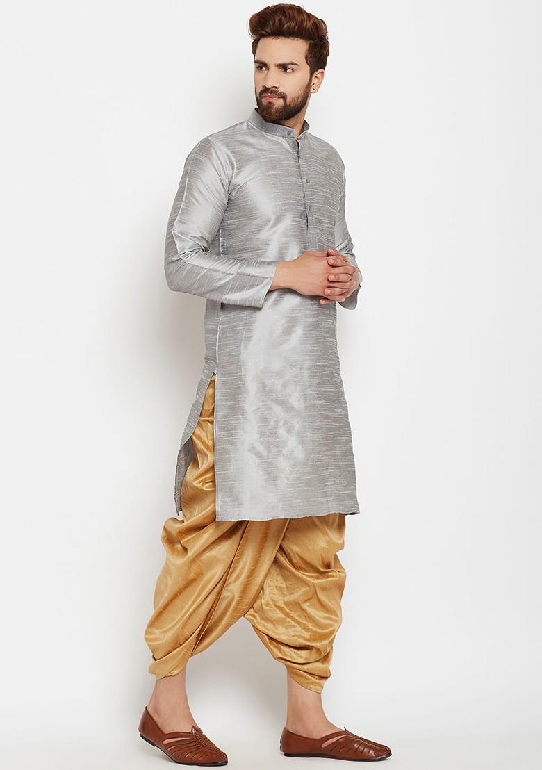 Grey Solid Poly Blend Kurta For Men