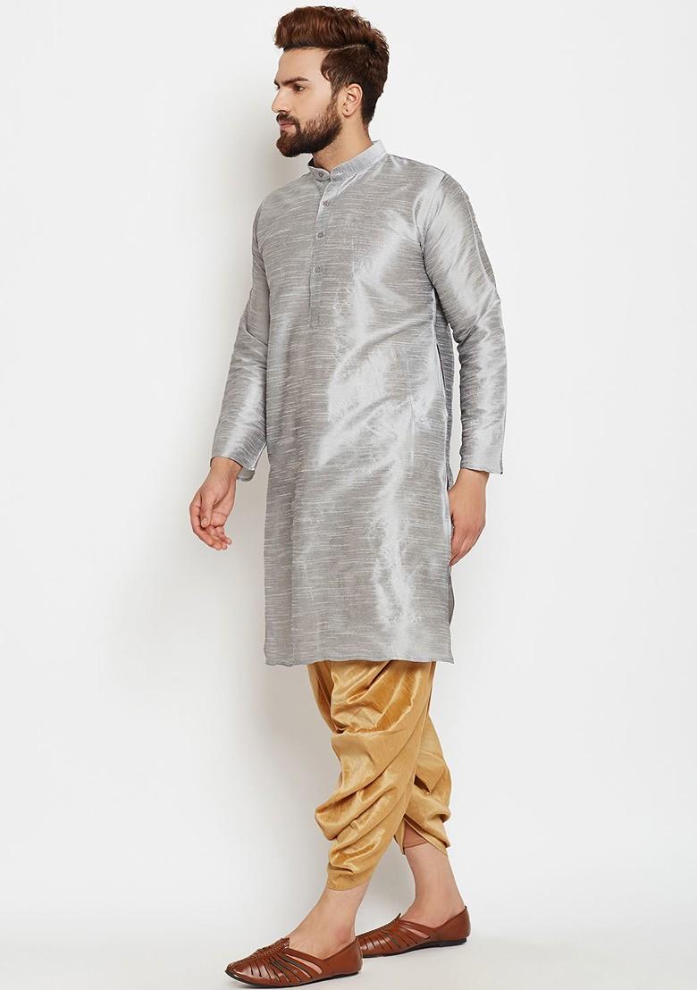 Grey Solid Poly Blend Kurta For Men