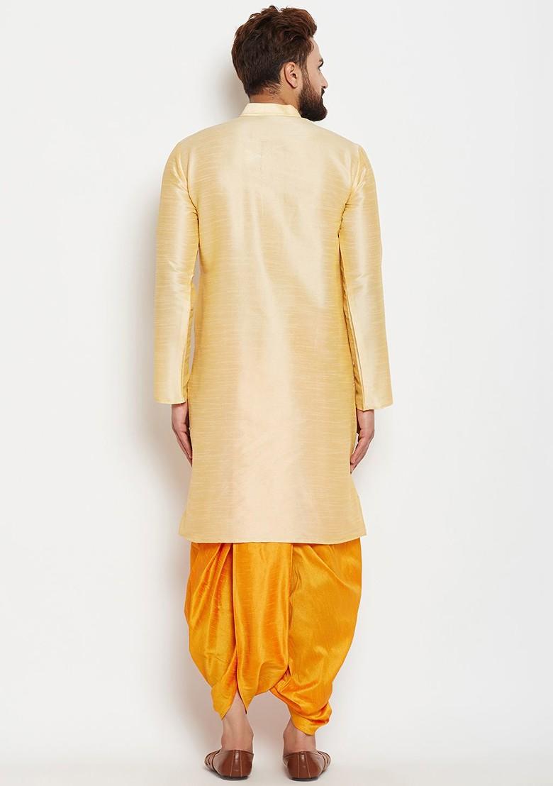 Gold Solid Poly Blend Kurta For Men