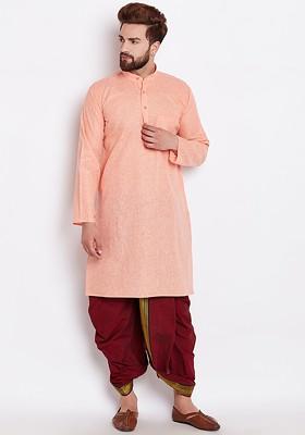 Orange Solid Poly Blend Kurta For Men