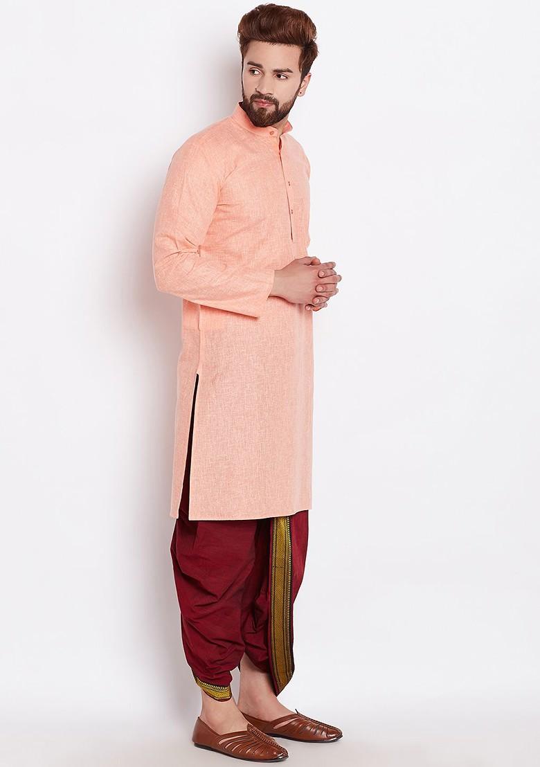 Orange Solid Poly Blend Kurta For Men