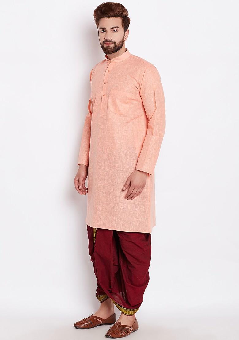 Orange Solid Poly Blend Kurta For Men
