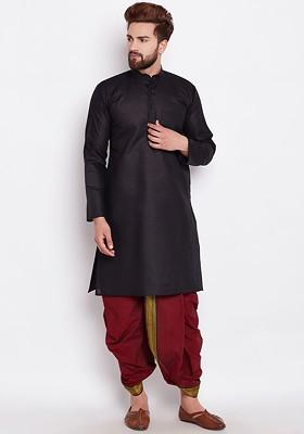 Black Solid Poly Blend Kurta For Men