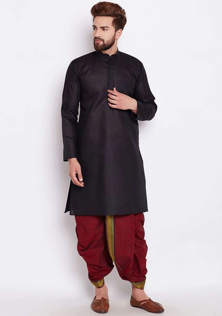 Black Solid Poly Blend Kurta For Men - Indya