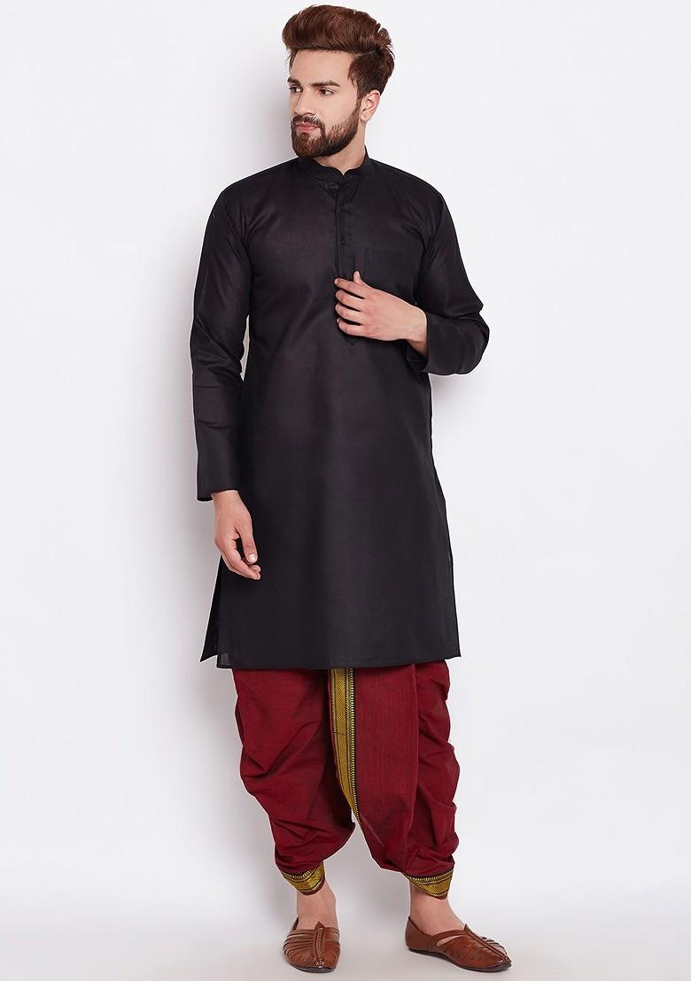 Black Solid Poly Blend Kurta For Men