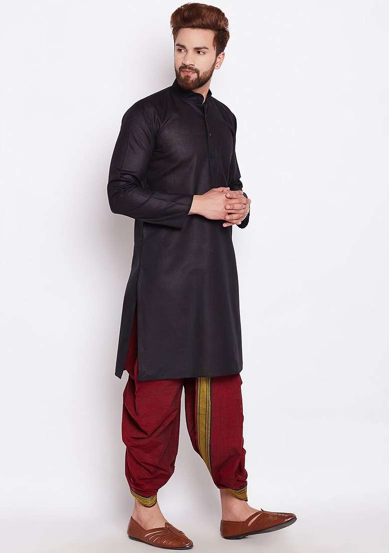 Black Solid Poly Blend Kurta For Men - Indya