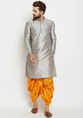 Grey Solid Poly Blend Kurta For Men