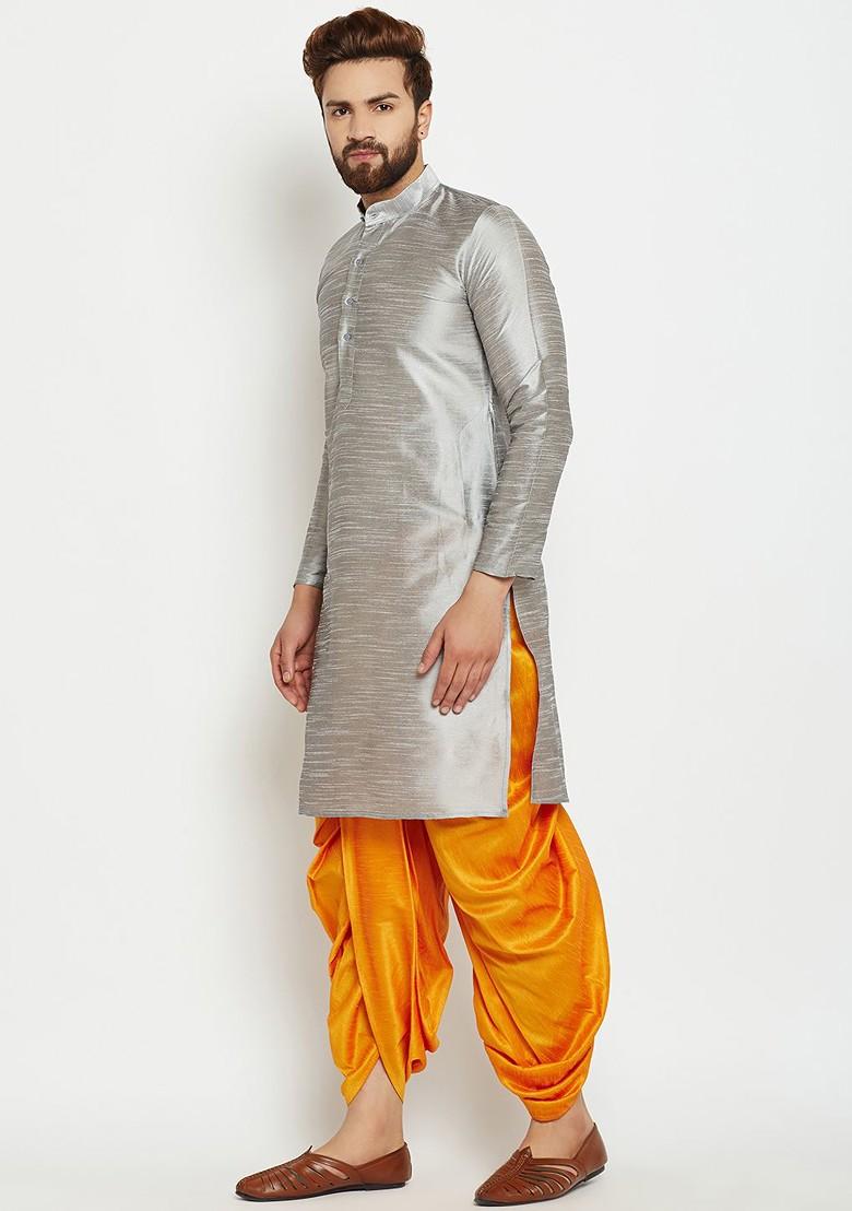 Grey Solid Poly Blend Kurta For Men