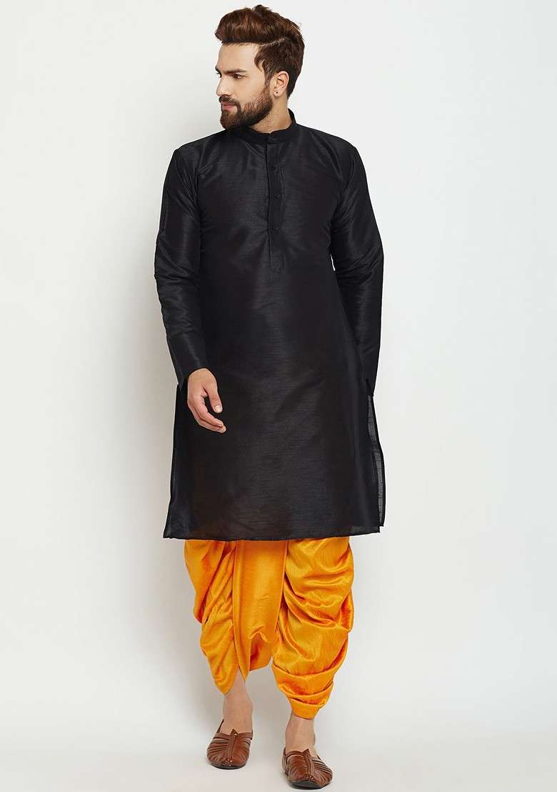 Black Solid Poly Blend Kurta For Men - Indya