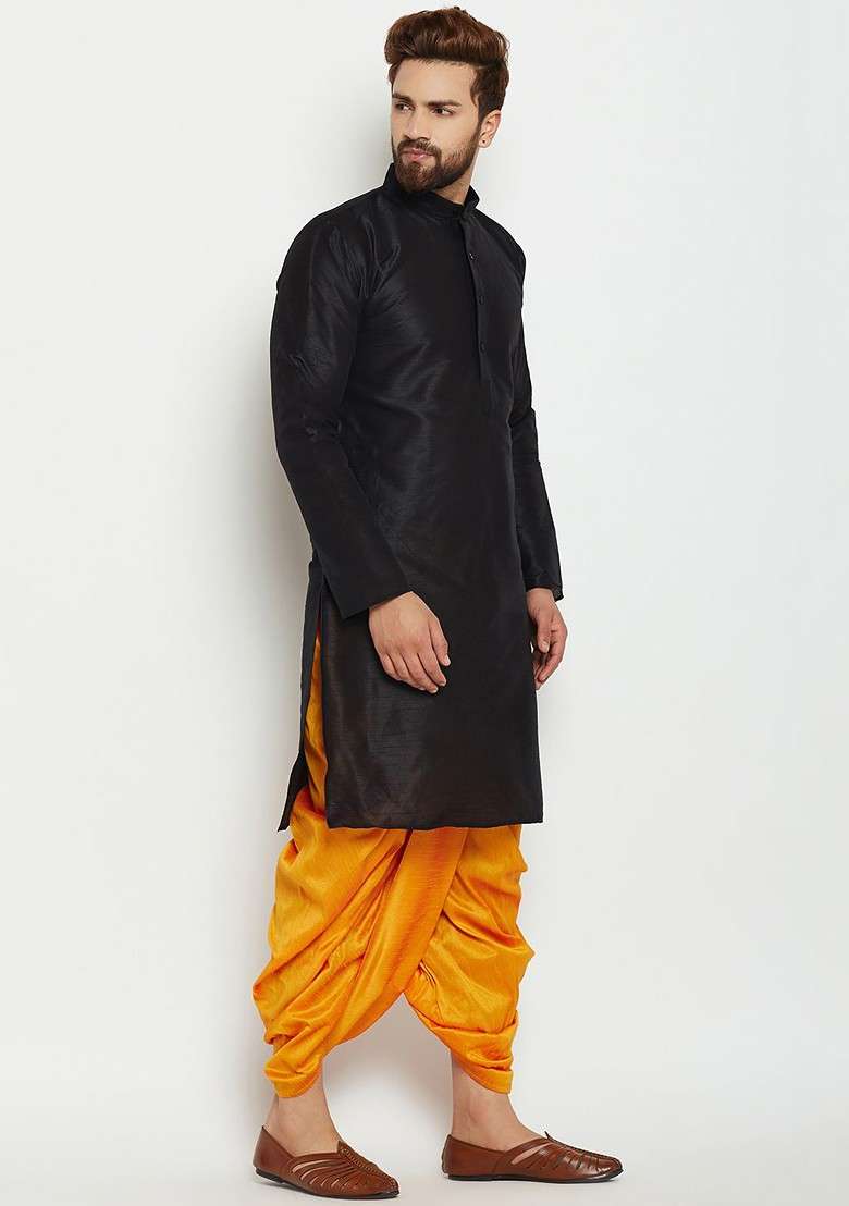 Black Solid Poly Blend Kurta For Men - Indya