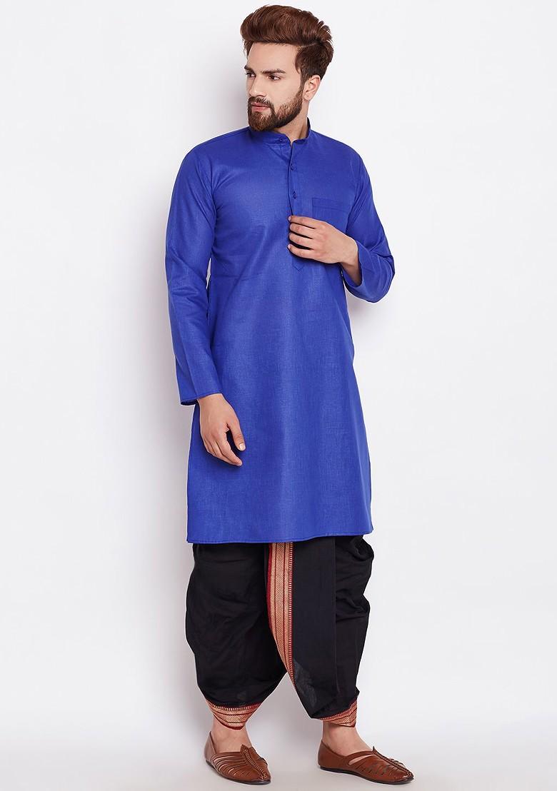 Blue Solid Poly Blend Kurta For Men