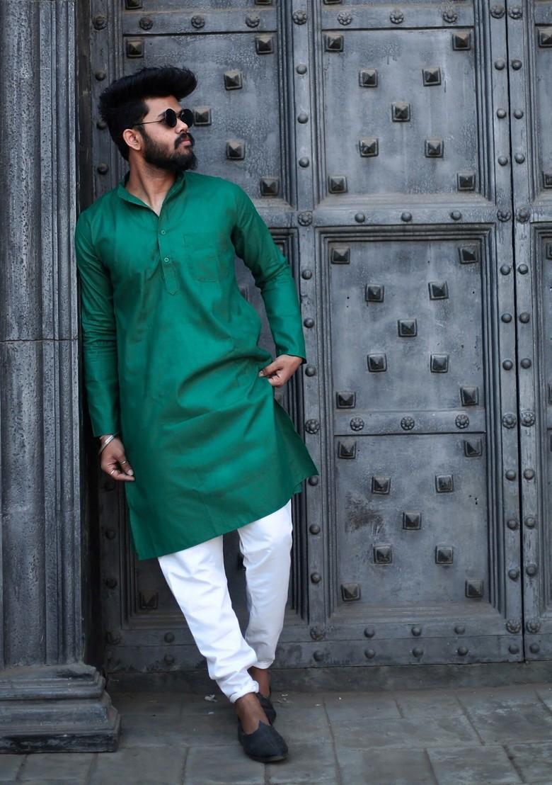 Green Solid Poly Blend Kurta For Men